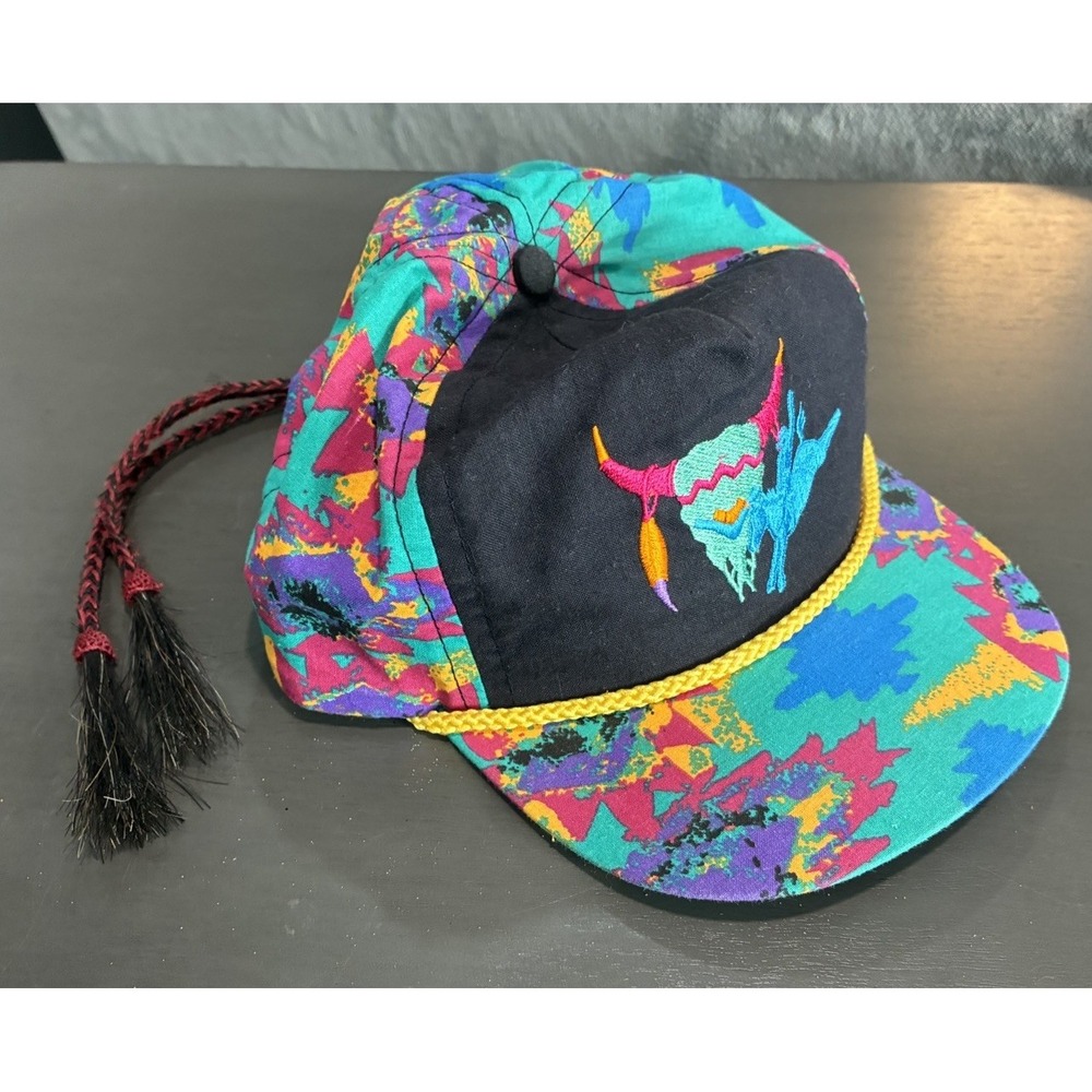 Vtg 90s Longhorn Skull Cowboy Southwestern Horse Hair Hat Cap USA Made Rare